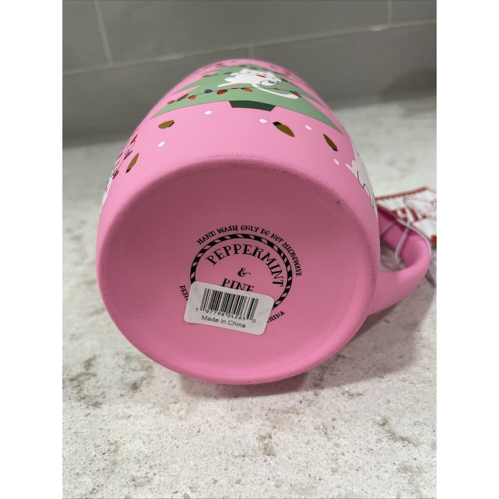 Peppermint & Pine Pink SOFT TOUCH Cats In Christmas Holiday Lights 16oz Mug - Picture 5 of 5